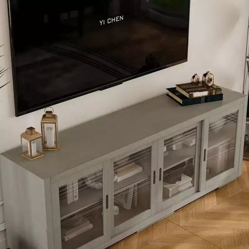 Famapy Industrial TV Stand for living Room: Sliding Glass Doors, Adjustable Shelves, Space - Smart Design Media Console