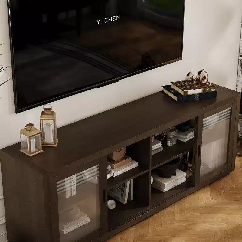 Famapy Industrial TV Stand for living Room: Sliding Glass Doors, Adjustable Shelves, Space - Smart Design Media Console