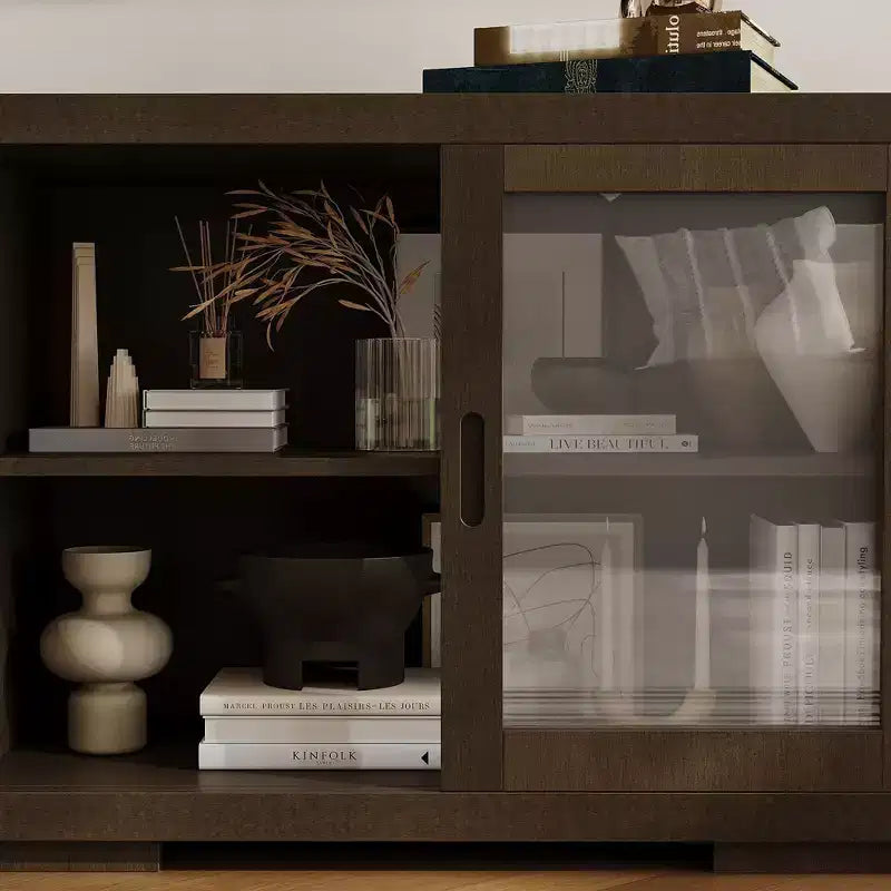 Famapy Industrial TV Stand for living Room: Sliding Glass Doors, Adjustable Shelves, Space - Smart Design Media Console