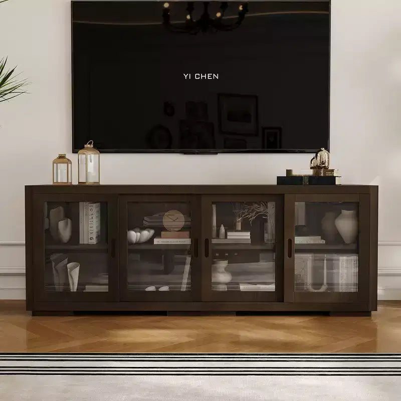 Famapy Industrial TV Stand for living Room: Sliding Glass Doors, Adjustable Shelves, Space - Smart Design Media Console