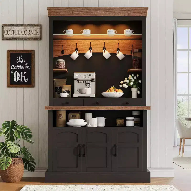 72 Tall Farmhouse Coffee Bar Cabinet with LED Light & Storage, Sideboard Buffet Hutch with Multi-Features for Multi-Room Use