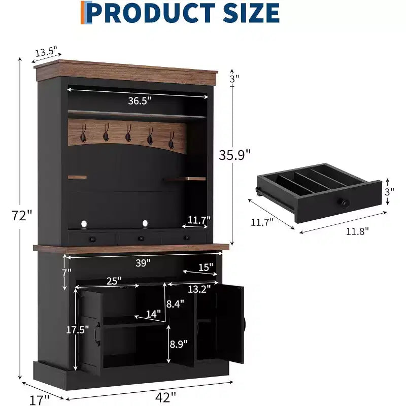 72 Tall Farmhouse Coffee Bar Cabinet with LED Light & Storage, Sideboard Buffet Hutch with Multi-Features for Multi-Room Use