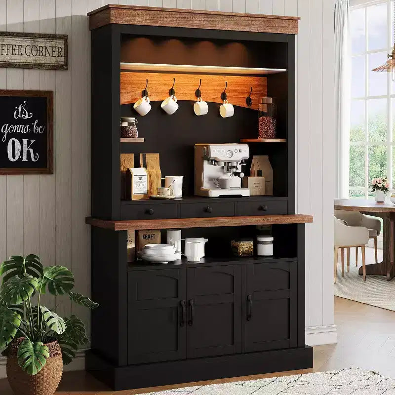 72 Tall Farmhouse Coffee Bar Cabinet with LED Light & Storage, Sideboard Buffet Hutch with Multi-Features for Multi-Room Use