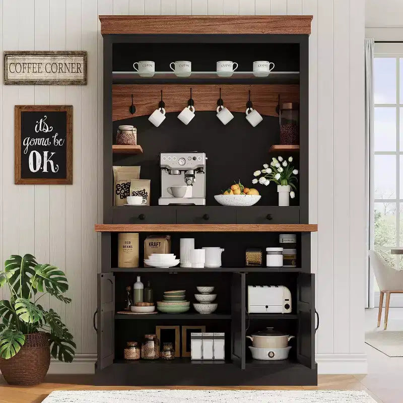 72 Tall Farmhouse Coffee Bar Cabinet with LED Light & Storage, Sideboard Buffet Hutch with Multi-Features for Multi-Room Use
