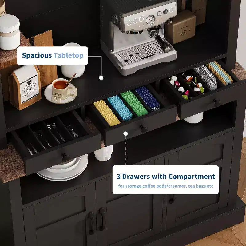 72 Tall Farmhouse Coffee Bar Cabinet with LED Light & Storage, Sideboard Buffet Hutch with Multi-Features for Multi-Room Use
