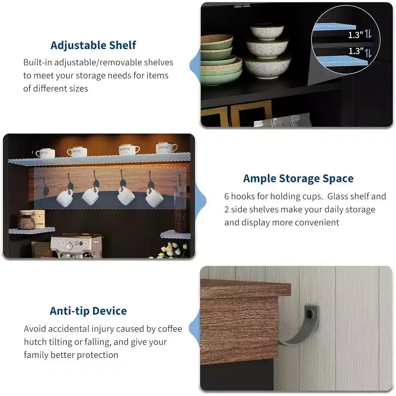 72 Tall Farmhouse Coffee Bar Cabinet with LED Light & Storage, Sideboard Buffet Hutch with Multi-Features for Multi-Room Use