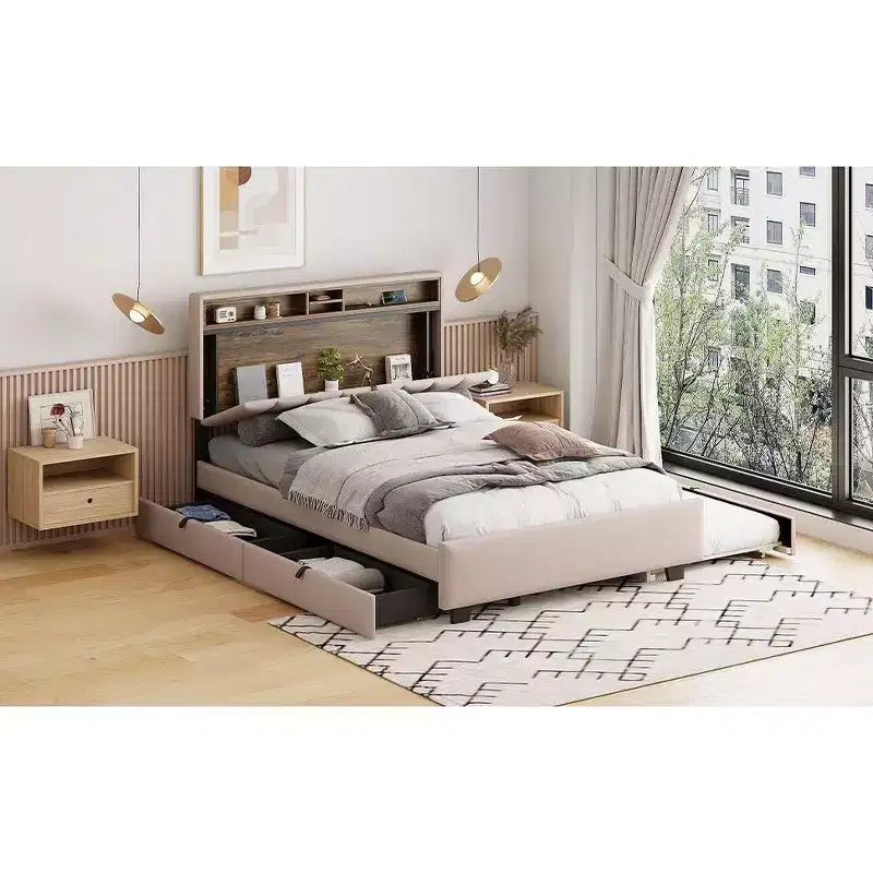 Cadre de lit plateforme complet/grand lit Okak avec tête de lit rembourrée et tiroir de rangement, 2 tiroirs, prises et ports USB, montage facile
