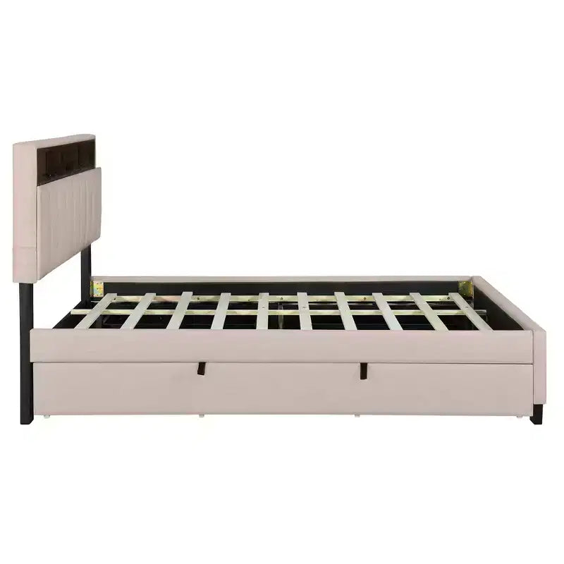 Cadre de lit plateforme complet/grand lit Okak avec tête de lit rembourrée et tiroir de rangement, 2 tiroirs, prises et ports USB, montage facile