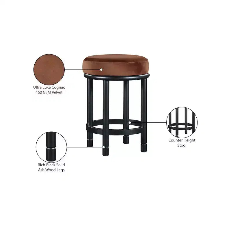 Meridian Furniture, Tabouret de comptoir Monette en velours couleur cognac