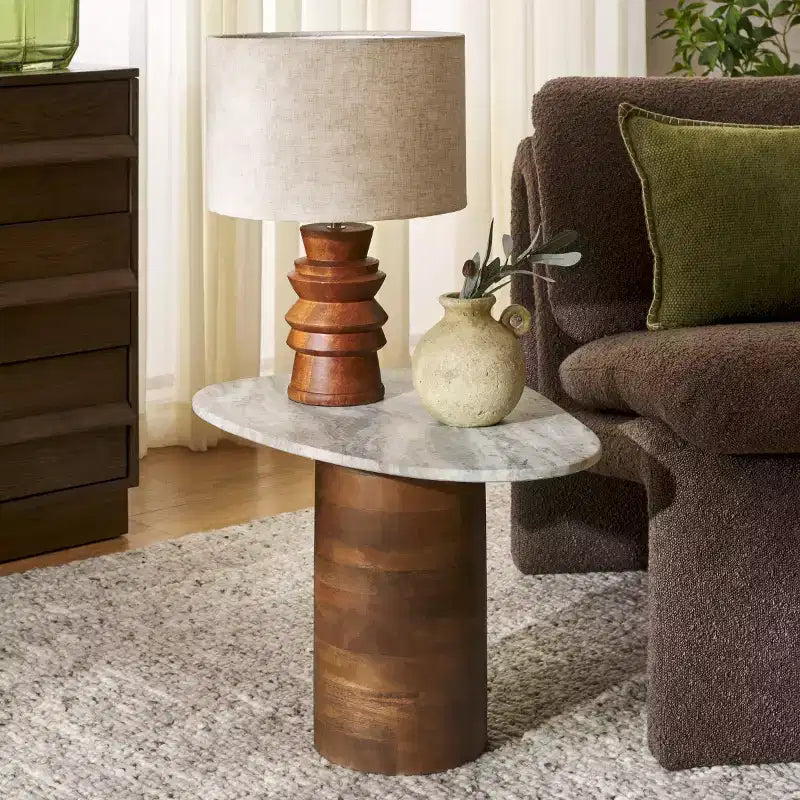 Mono Medium Marble Side Table - ACC2907A - Off White Marble/Walnut - Safavieh