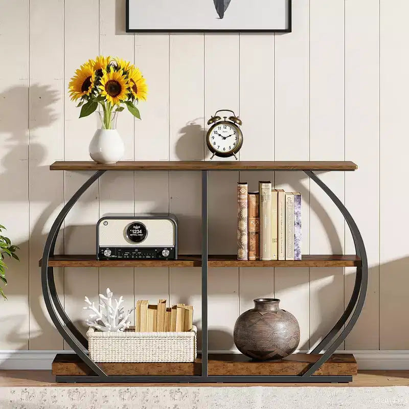 MAYEERTY 41.3 Industrial 3-Tier Console Table, Rustic Brown Arched Metal Frame Sofa Table for Entryway