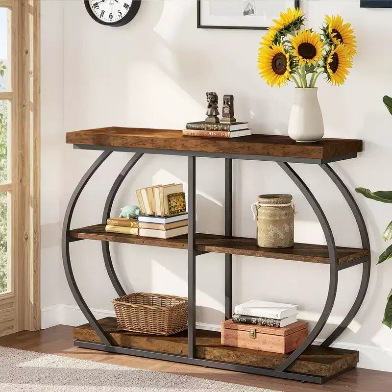 MAYEERTY 41.3 Table console industrielle à 3 niveaux, table de canapé en arc en métal de couleur marron rustique pour entrée
