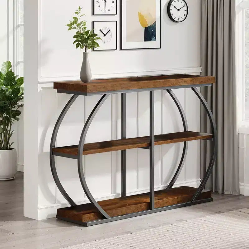 MAYEERTY 41.3 Table console industrielle à 3 niveaux, table de canapé en arc en métal de couleur marron rustique pour entrée