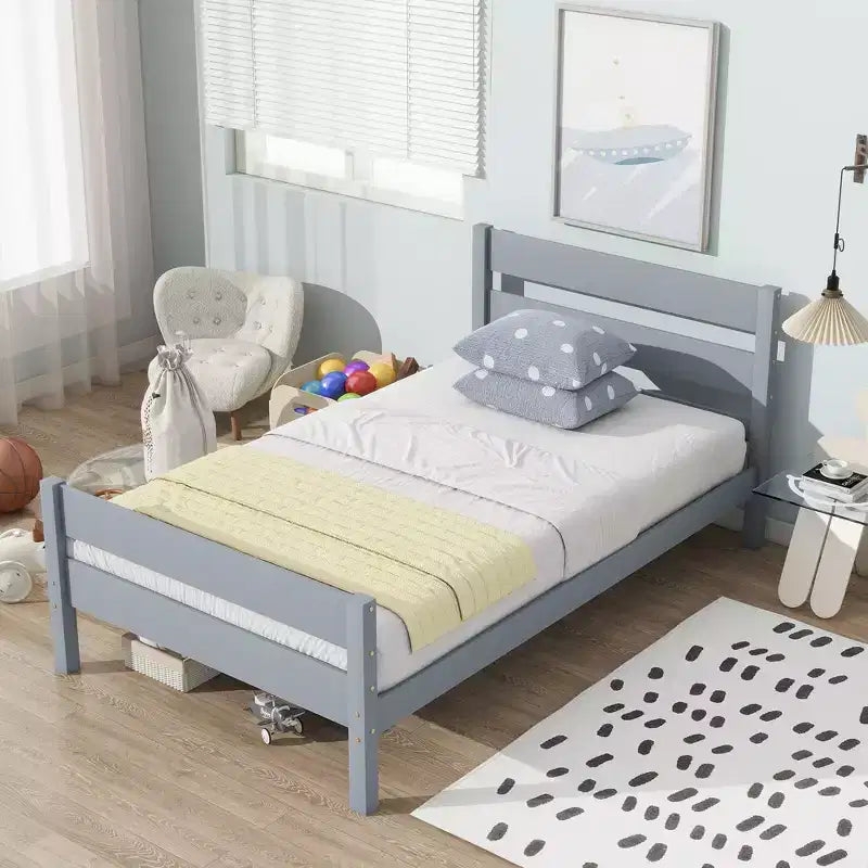 MATEERTY Twin Bed with Headboard Gray