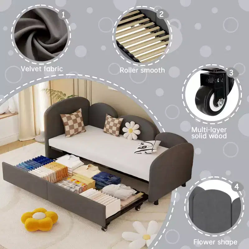 MAYEERTY Daybed Dry Gray Velvet Modern Sofa Bed for Living Room Kids Room