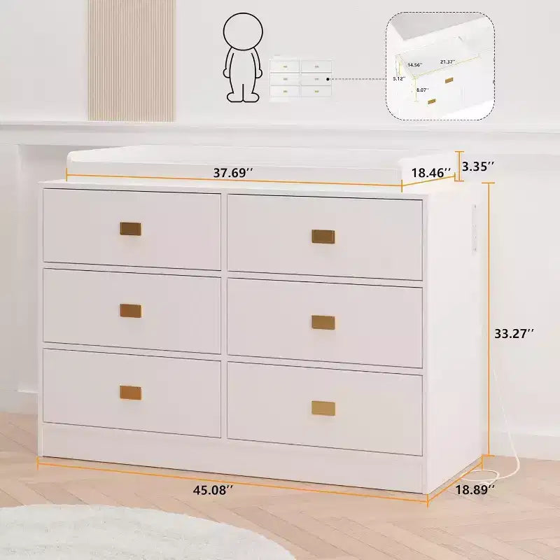 Acekool Nursery Dresser & Changing Table - Safe 6-Drawer Baby Storage