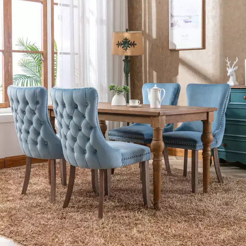 Lot de 2 chaises de salle à manger rétro Okak, chaises confortables rembourrées à dossier capitonné avec garniture cloutée, chaises de cuisine avec pieds en bois massif