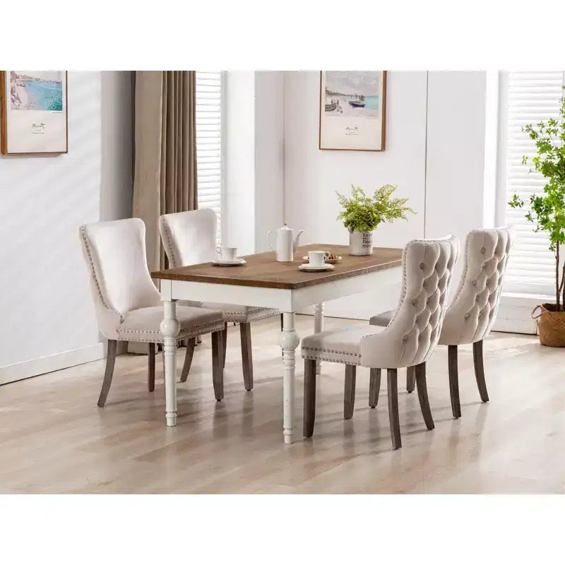 Lot de 2 chaises de salle à manger rétro Okak, chaises confortables rembourrées à dossier capitonné avec garniture cloutée, chaises de cuisine avec pieds en bois massif