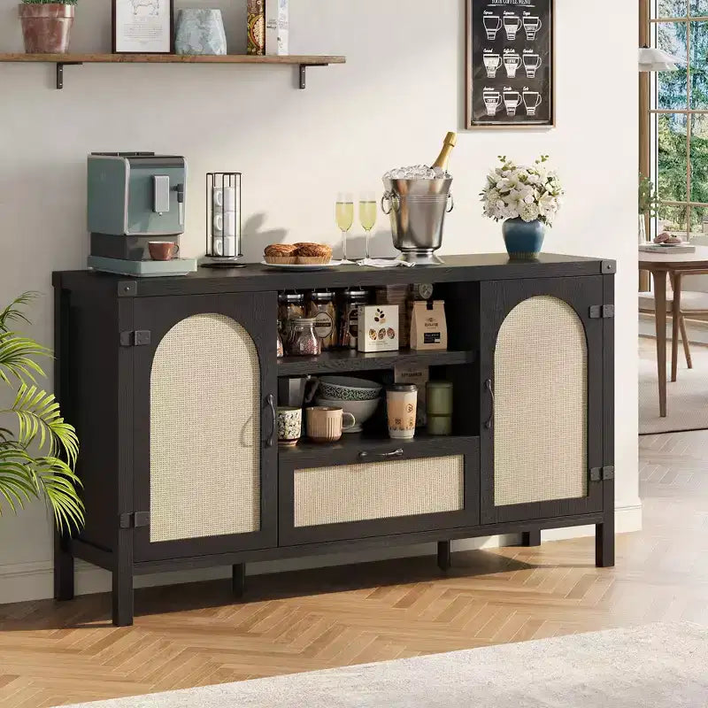Rattan Sideboard Buffet Cabinet with Drawer & Open Shelves, Boho Farmhouse Coffee Bar for Kitchen, Dining or Living Room