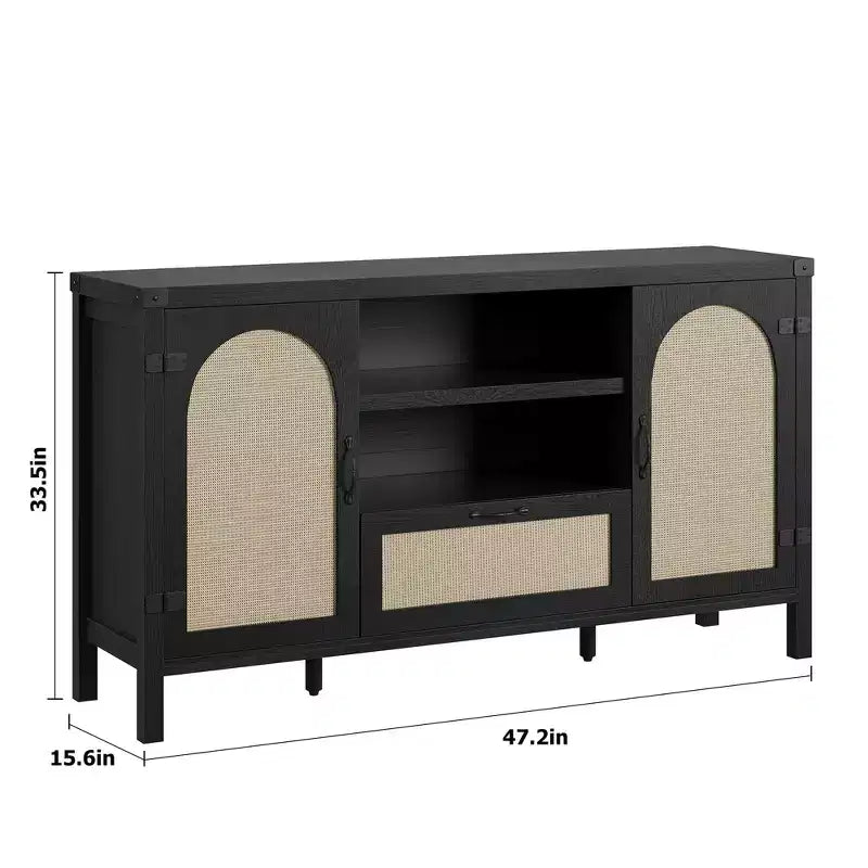 Rattan Sideboard Buffet Cabinet with Drawer & Open Shelves, Boho Farmhouse Coffee Bar for Kitchen, Dining or Living Room