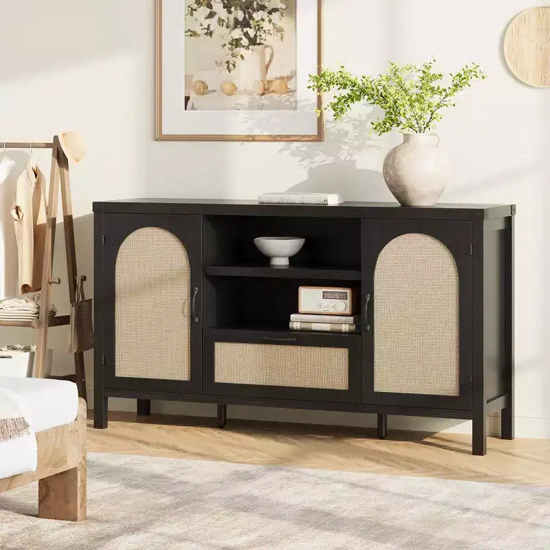 Rattan Sideboard Buffet Cabinet with Drawer & Open Shelves, Boho Farmhouse Coffee Bar for Kitchen, Dining or Living Room