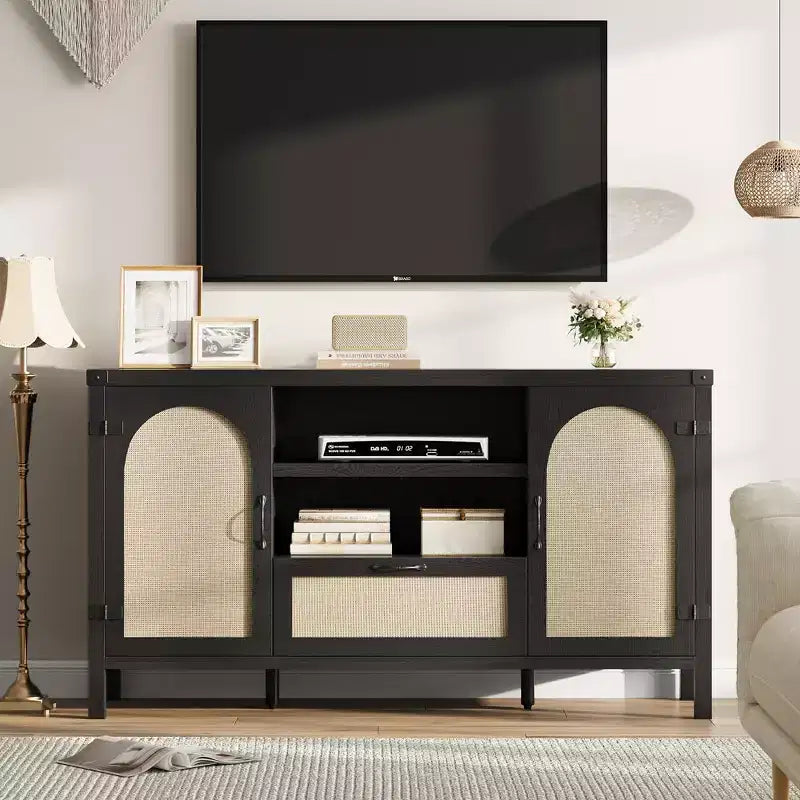 Rattan Sideboard Buffet Cabinet with Drawer & Open Shelves, Boho Farmhouse Coffee Bar for Kitchen, Dining or Living Room