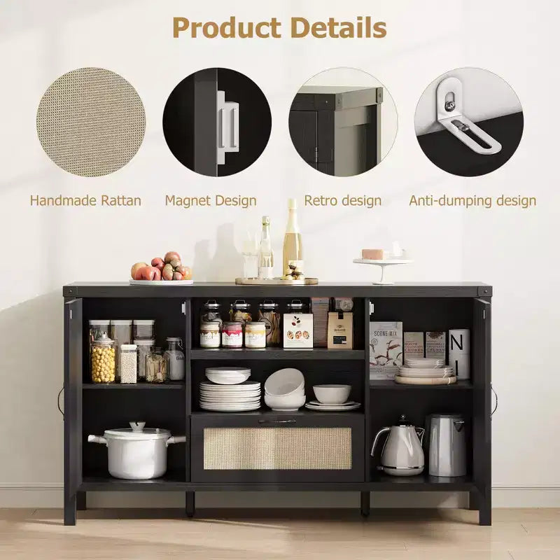 Rattan Sideboard Buffet Cabinet with Drawer & Open Shelves, Boho Farmhouse Coffee Bar for Kitchen, Dining or Living Room