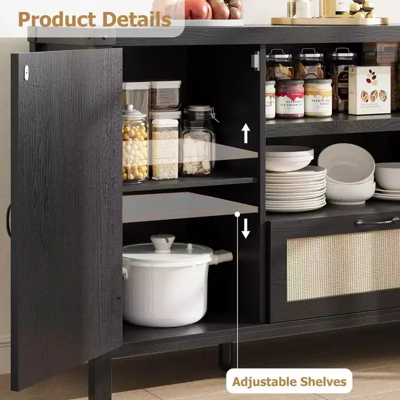 Rattan Sideboard Buffet Cabinet with Drawer & Open Shelves, Boho Farmhouse Coffee Bar for Kitchen, Dining or Living Room