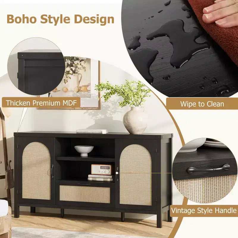 Rattan Sideboard Buffet Cabinet with Drawer & Open Shelves, Boho Farmhouse Coffee Bar for Kitchen, Dining or Living Room