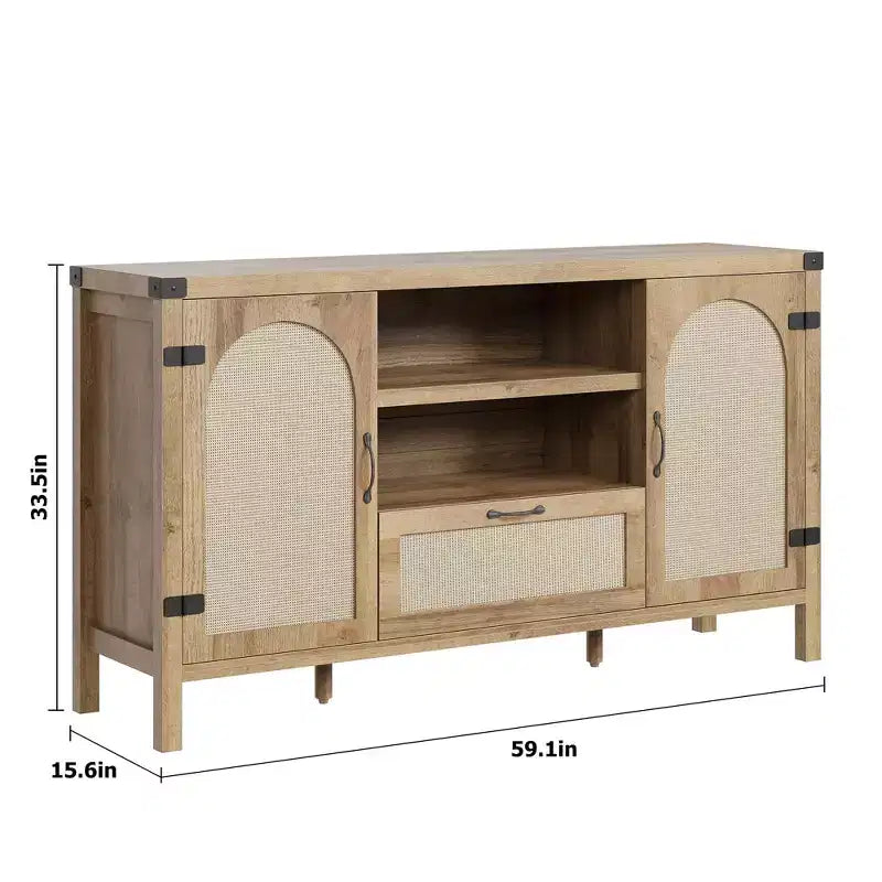 Rattan Sideboard Buffet Cabinet with Drawer & Open Shelves, Boho Farmhouse Coffee Bar for Kitchen, Dining or Living Room
