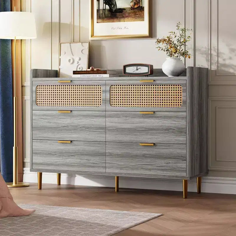Acekool 47 Walnut 6 Drawer Double Dresser, Modern Rattan Chest, Wide Storage Dresser with Gold Hardware for Bedroom Living Room Hallway