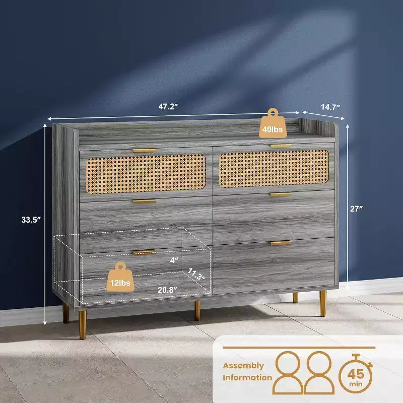 Acekool 47 Walnut 6 Drawer Double Dresser, Modern Rattan Chest, Wide Storage Dresser with Gold Hardware for Bedroom Living Room Hallway