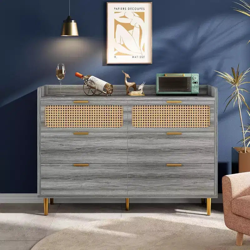 Acekool 47 Walnut 6 Drawer Double Dresser, Modern Rattan Chest, Wide Storage Dresser with Gold Hardware for Bedroom Living Room Hallway