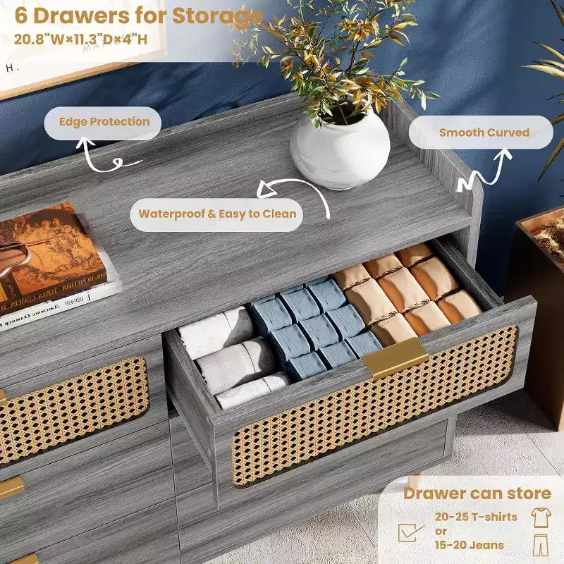 Acekool 47 Walnut 6 Drawer Double Dresser, Modern Rattan Chest, Wide Storage Dresser with Gold Hardware for Bedroom Living Room Hallway