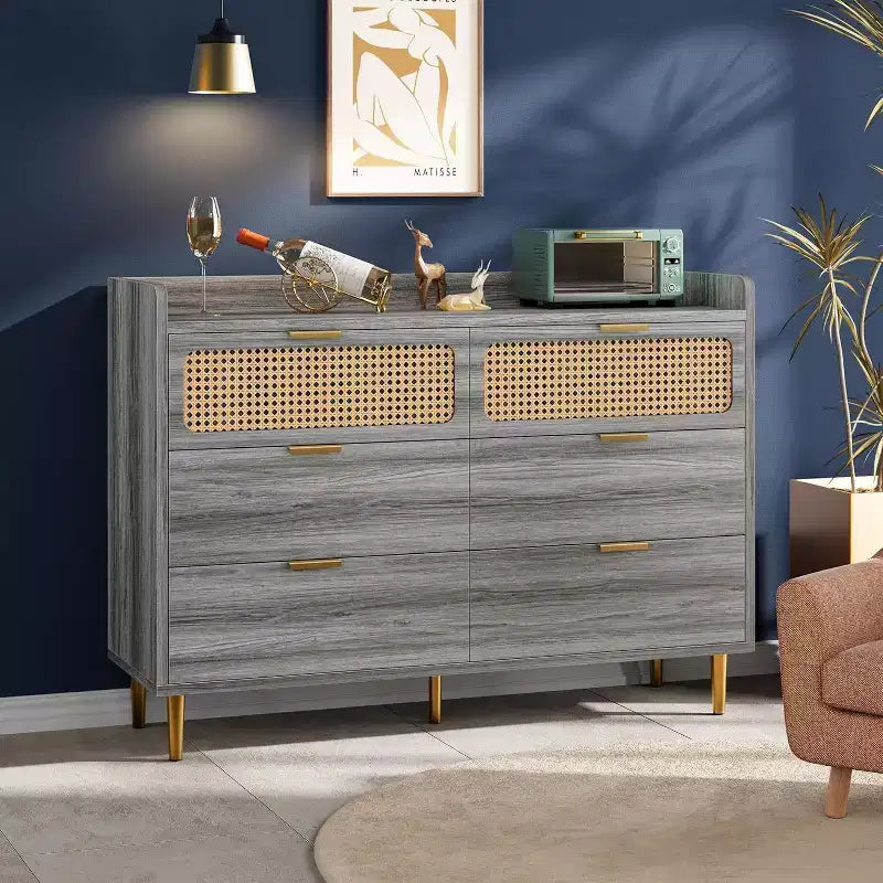 Acekool 47 Walnut 6 Drawer Double Dresser, Modern Rattan Chest, Wide Storage Dresser with Gold Hardware for Bedroom Living Room Hallway