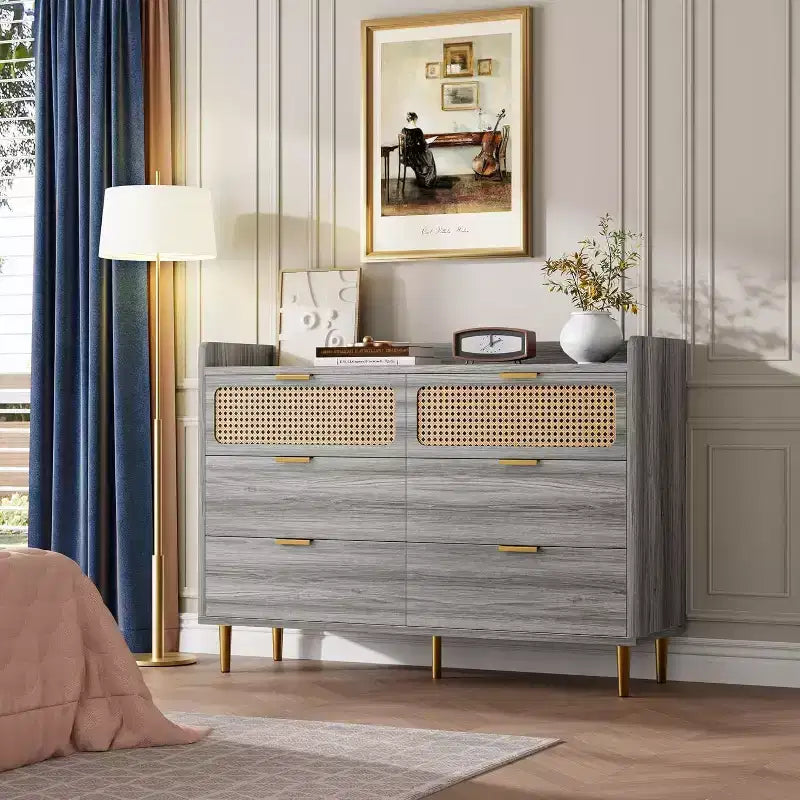Acekool 47 Walnut 6 Drawer Double Dresser, Modern Rattan Chest, Wide Storage Dresser with Gold Hardware for Bedroom Living Room Hallway