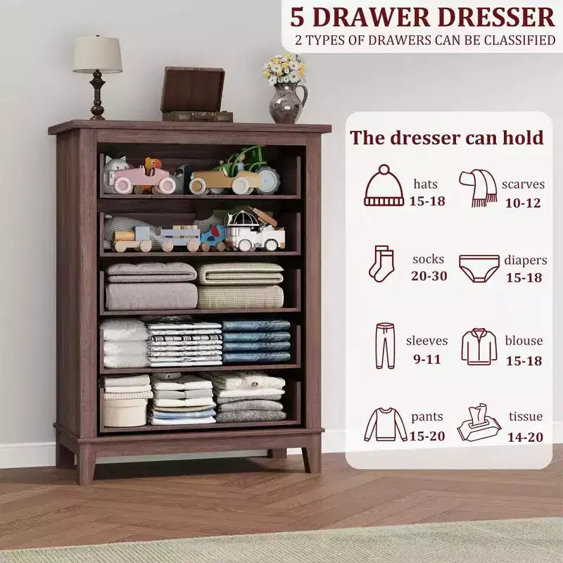 Acekool 5-Drawer Tall Dresser, Vertical Storage Chest, 41.3 Modern Wooden Dresser, for Bedroom Living Room Entryway