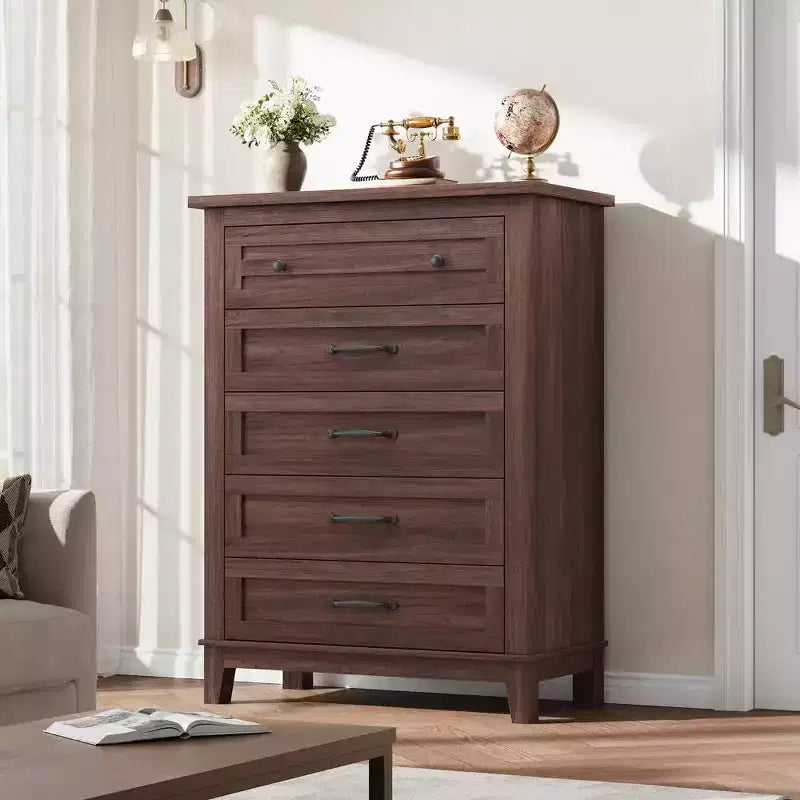 Acekool 5-Drawer Tall Dresser, Vertical Storage Chest, 41.3 Modern Wooden Dresser, for Bedroom Living Room Entryway