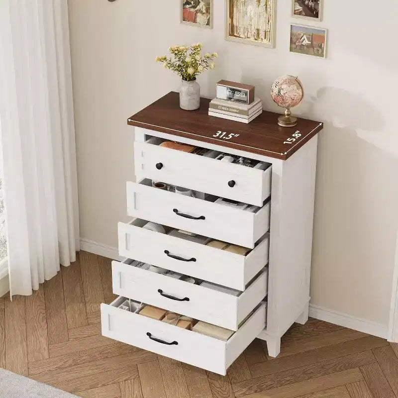 Acekool 5-Drawer Tall Dresser, Vertical Storage Chest, 41.3 Modern Wooden Dresser, for Bedroom Living Room Entryway