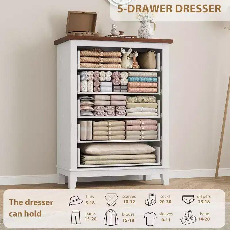 Acekool 5-Drawer Tall Dresser, Vertical Storage Chest, 41.3 Modern Wooden Dresser, for Bedroom Living Room Entryway