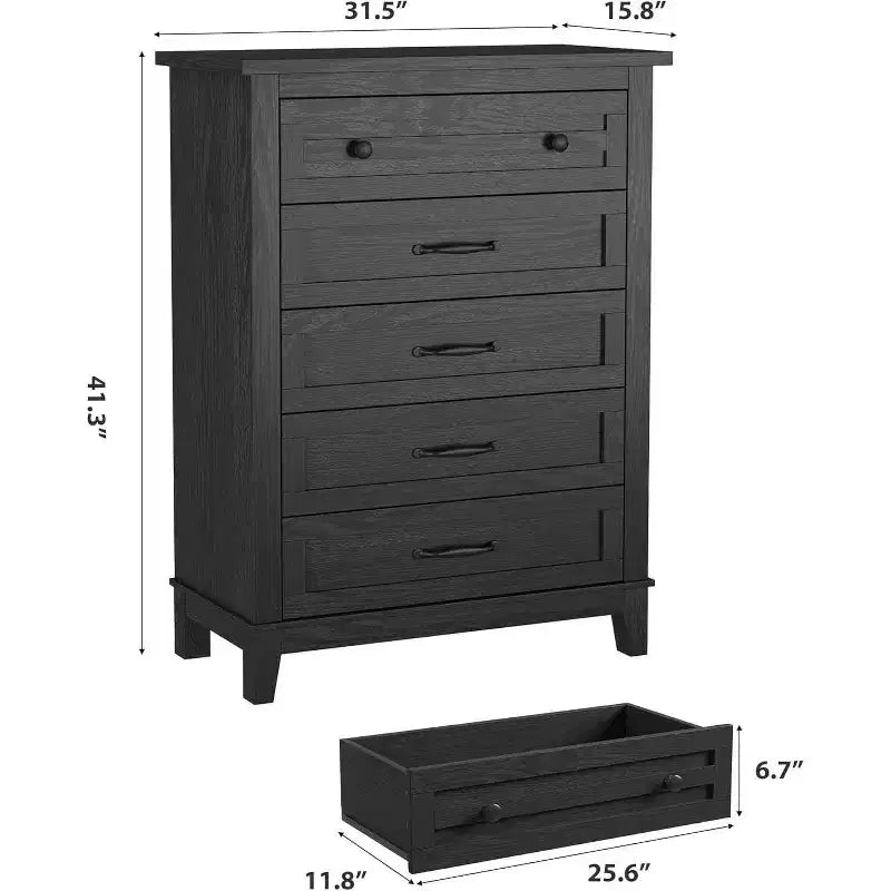Acekool 5-Drawer Tall Dresser, Vertical Storage Chest, 41.3 Modern Wooden Dresser, for Bedroom Living Room Entryway