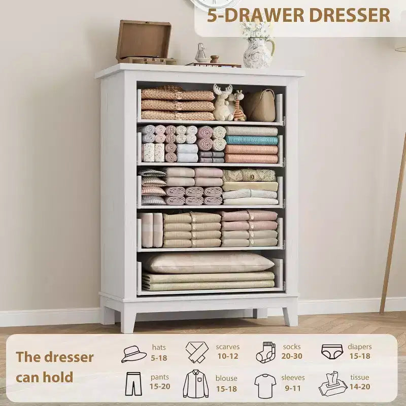 Acekool 5-Drawer Tall Dresser, Vertical Storage Chest, 41.3 Modern Wooden Dresser, for Bedroom Living Room Entryway