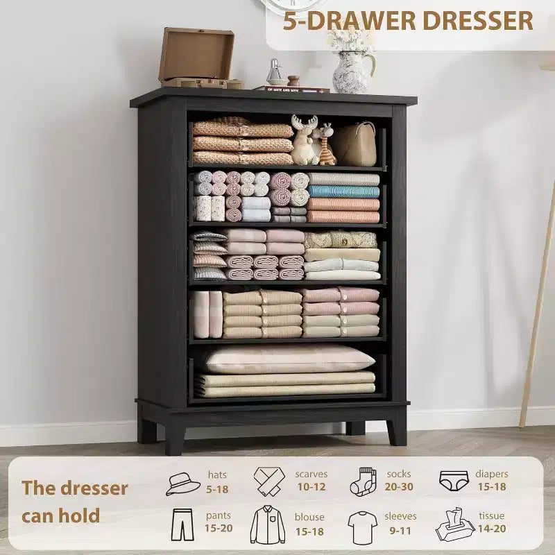 Acekool 5-Drawer Tall Dresser, Vertical Storage Chest, 41.3 Modern Wooden Dresser, for Bedroom Living Room Entryway