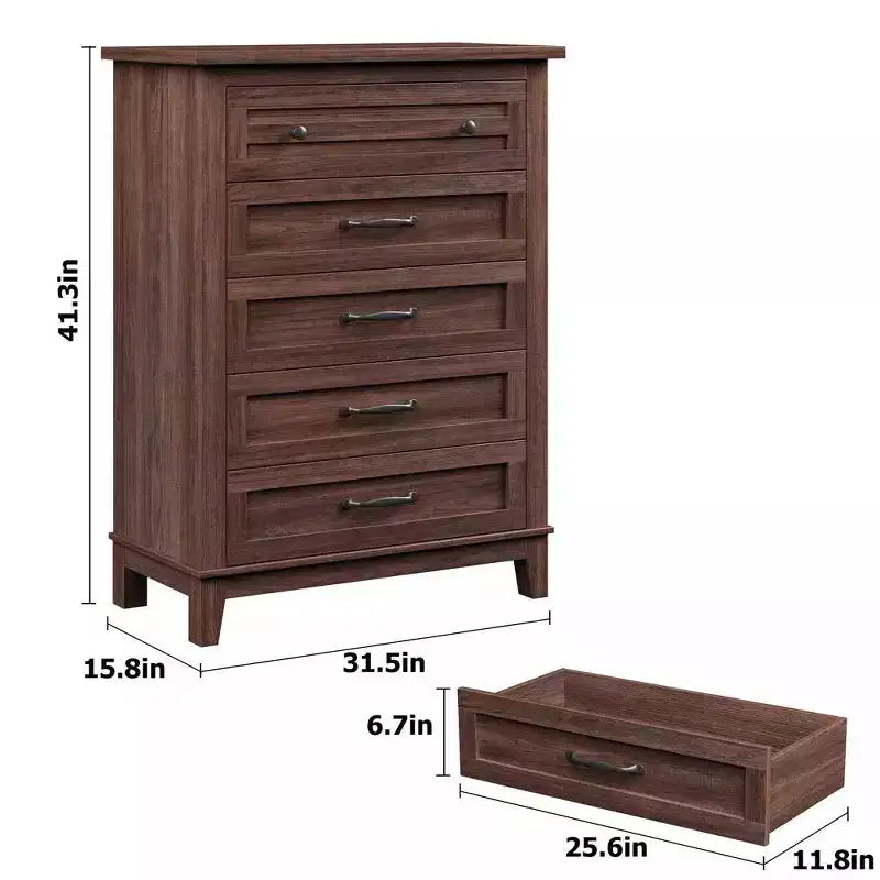 Acekool 5-Drawer Tall Dresser, Vertical Storage Chest, 41.3 Modern Wooden Dresser, for Bedroom Living Room Entryway