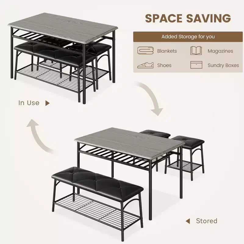 4 Piece Rectangular Kitchen Table Set, with 1 Upholstered Bench and 2 Square Stools