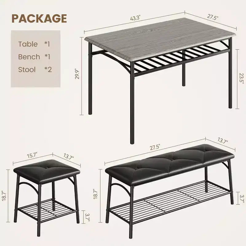 4 Piece Rectangular Kitchen Table Set, with 1 Upholstered Bench and 2 Square Stools