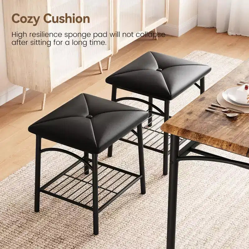 4 Piece Rectangular Kitchen Table Set, with 1 Upholstered Bench and 2 Square Stools