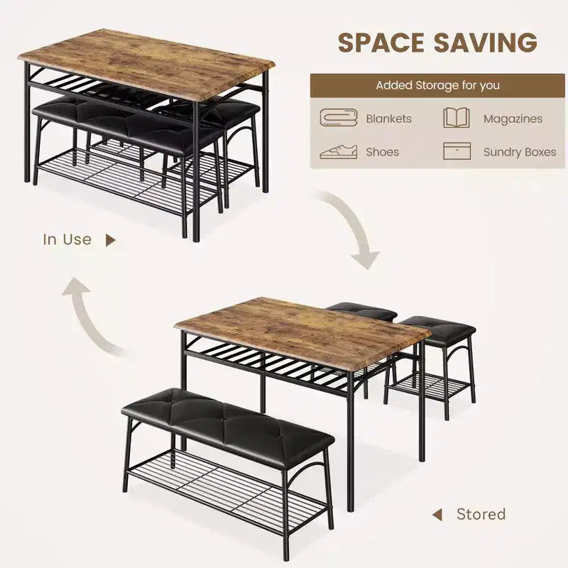 4 Piece Rectangular Kitchen Table Set, with 1 Upholstered Bench and 2 Square Stools