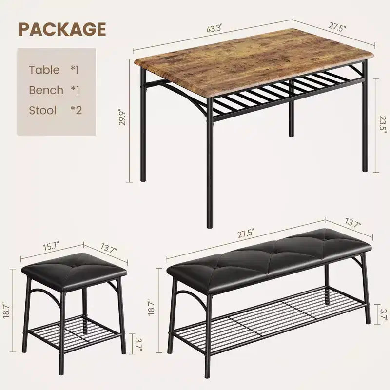 4 Piece Rectangular Kitchen Table Set, with 1 Upholstered Bench and 2 Square Stools