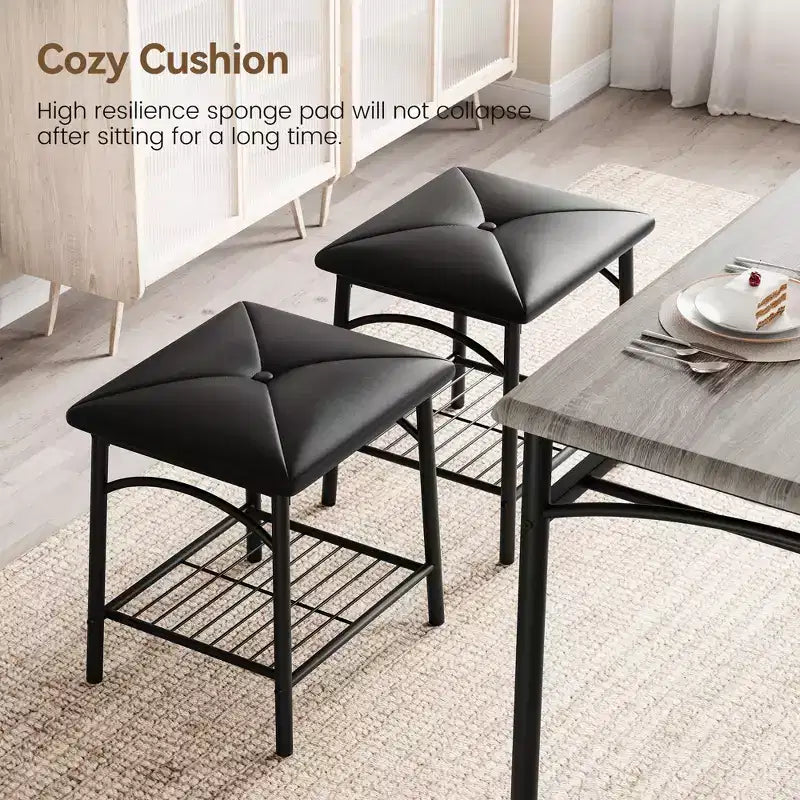 4 Piece Rectangular Kitchen Table Set, with 1 Upholstered Bench and 2 Square Stools